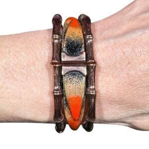 VTG MCM Matisse Renoir Copper Enamel Gold Orange Black Bamboo-Inspired Bracelet